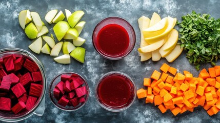 Fresh ingredients for healthy beetroot and carrot smoothie