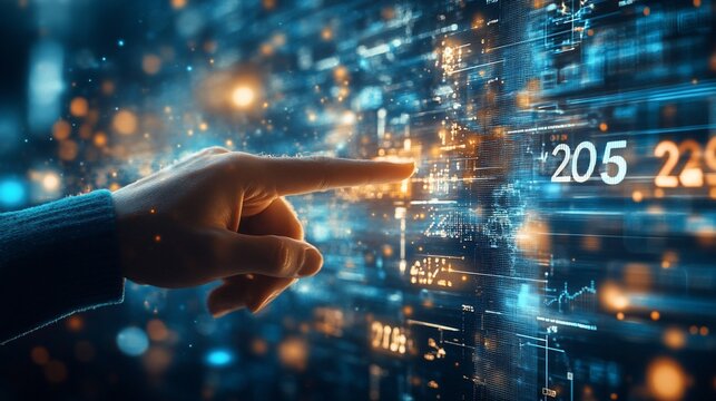 Hand pointing at futuristic digital interface with data streams and numbers.