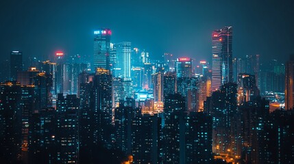 Obraz premium Night cityscape view with illuminated skyscrapers and buildings.