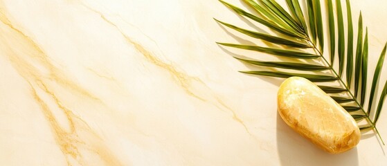 A luxurious golden soap rests on a beige marble surface next to a vibrant green palm leaf, bathed in warm sunlight creating a serene spa-like atmosphere.