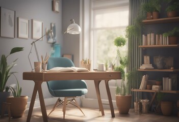 book frame plant chair study pot illustration 3d other rendering decorations table shelf space copy three-dimensional furniture interior home place house studio office room decor render apartment