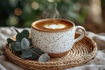 Steaming coffee with latte art on woven tray, featuring eucalyptus leaves. A cozy, inviting scene for relaxation and enjoyment.