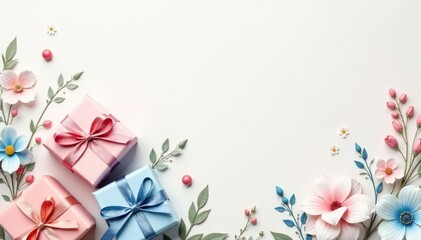 Subtle pastel watercolor painted gift boxes, delicate floral accents, gift box, subtle, backdrop