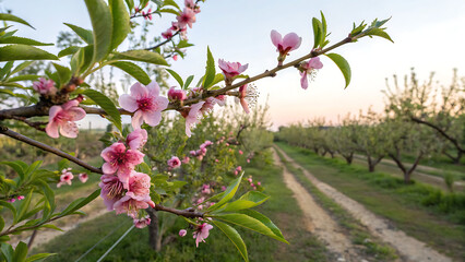 Close up of delicate pink cherry blossoms in full bloom on a tree branch. The soft focus background highlights the vibrant colors, capturing the essence of spring