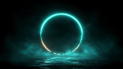 Glowing turquoise ring over a dark, misty surface