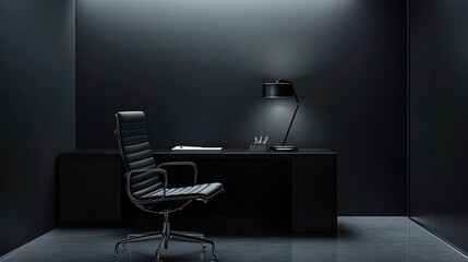 Elegant Monochromatic Office Space: Black Office with Minimalist Design and Modern Furniture