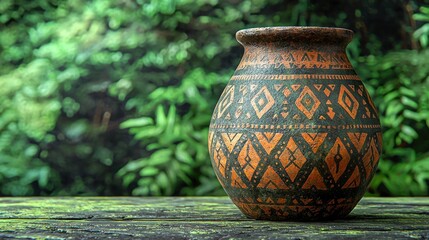 Ornate terracotta pot on wooden surface