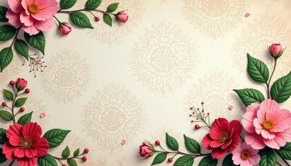 Subtle repeating floral motif on faded damask, sophisticated, delicate, antique
