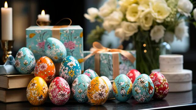 festive easter table setting with painted eggs, floral centerpiece and ceramic tableware arranged, concept of home decor, catering, event planning