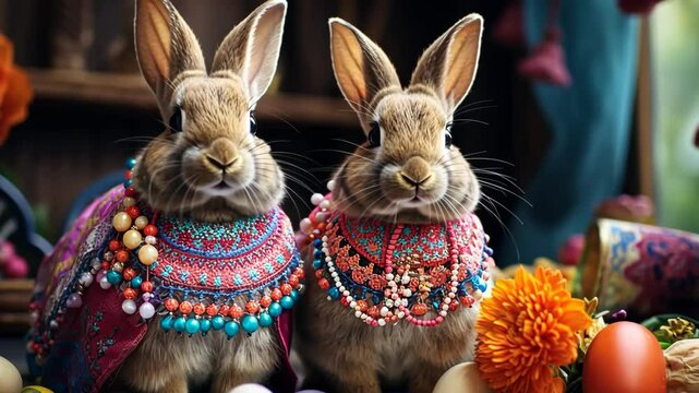 family of rabbits drinking tea from tiny cups, anthropomorphic concept of rabbits imitating human behavior, quirky tea party