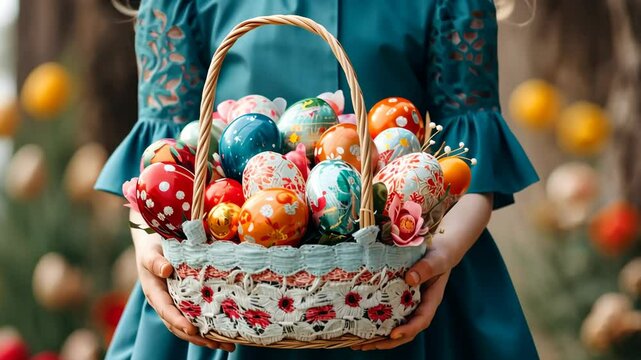 girl holding a basket filled with colorful easter eggs, traditional family activity, easter celebration at home, concept of seasonal joy