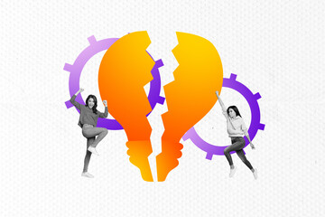 3D photo collage template artwork sketch of two young lady team gear broken crack idea lamp bulb...