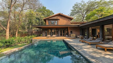 Fototapeta premium Modern Rustic Home with Swimming Pool Surrounded by Lush Greenery and Trees in a Tranquil Outdoor Setting