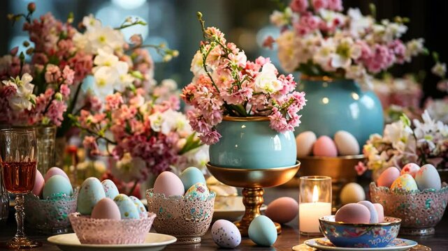 festive easter table setting with painted eggs, floral centerpiece and ceramic tableware arranged, concept of home decor, catering, event planning