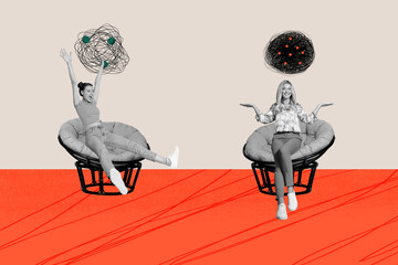 Surreal collage of two people messy doodles on grey red colors background