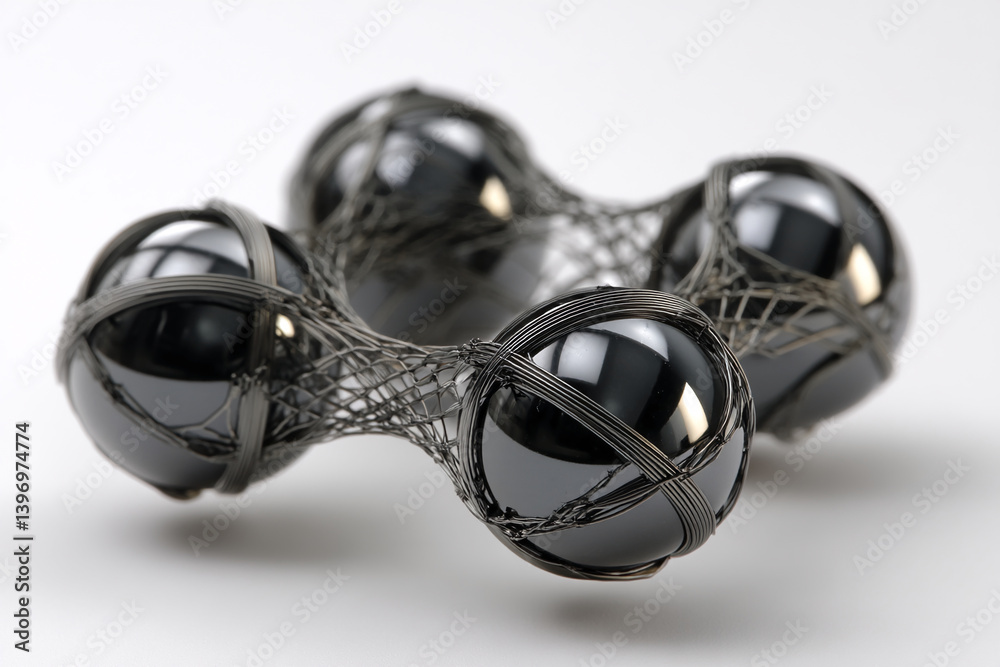 Poster Three black spheres encased in a dark metallic wire mesh, forming a linked structure, showcasing a sense of connection and modern design
