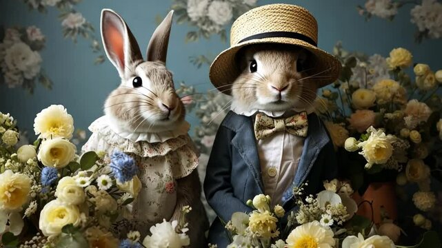 family of rabbits drinking tea from tiny cups, anthropomorphic concept of rabbits imitating human behavior, quirky tea party