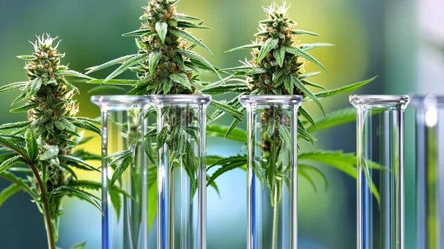 Cannabis plants growing in laboratory test tubes showcasing innovative cultivation techniques and genetic research