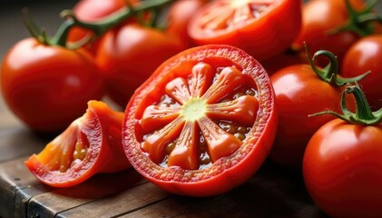 Sun-dried tomatoes, vibrant red color, slightly wrinkled, food photography, vibrant