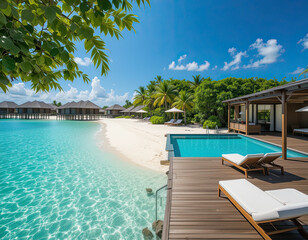 Fototapeta premium Tropical beachfront villa with wooden deck, sun loungers, private pool, and turquoise lagoon under bright blue sky, perfect luxury summer getaway in exotic island paradise