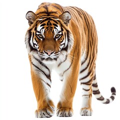 Fototapeta premium A powerful tiger strides confidently, showcasing its striking stripes and piercing gaze. Ideal for wildlife and animal lovers seeking captivating imagery.