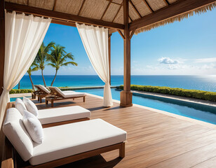 Obraz premium Luxury tropical resort cabana with ocean view and infinity pool under clear blue sky, relaxing beachfront escape with elegant sun loungers and summer vacation vibes