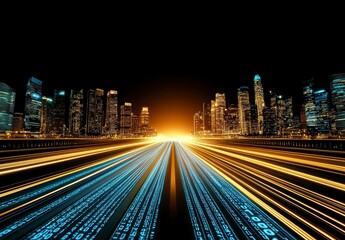 Obraz premium Abstract Night Cityscape with Glowing Data Streams