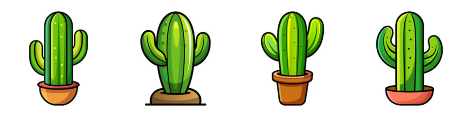 Collection of Cute Cartoon Cactus Illustrations in Pots and Ground