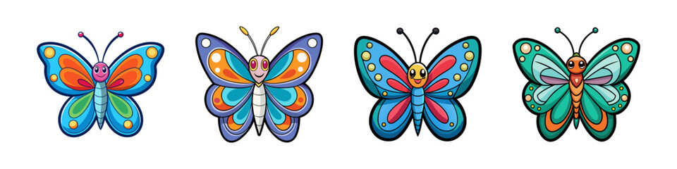 Collection of four colorful cartoon butterflies with happy faces