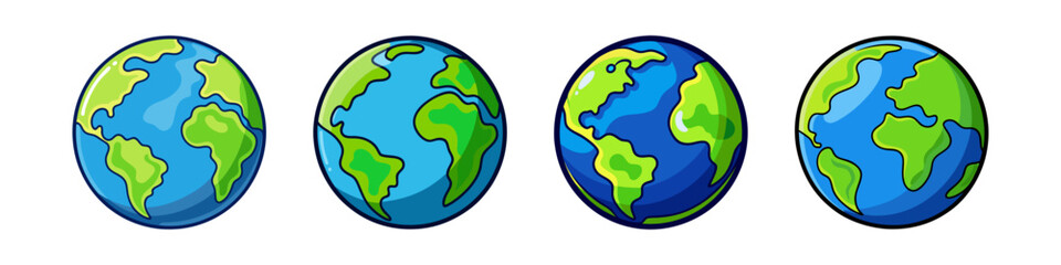 Collection of Four Cartoon Earth Globes Representing Our Planet