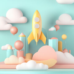 Colorful 3D Cityscape with Rocket and Clouds in Bright Pastel Tones