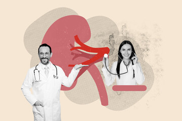 Trend artwork photo collage design of doctor aged man young lady exam kidney chronic problem treatment care illness practitioner hospital