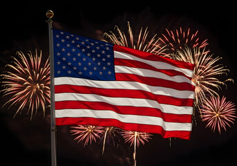 american flag waving against night sky with colorful fourth of july fireworks celebration background
