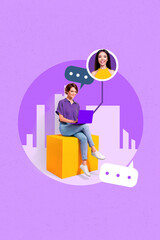 Poster sketch image artwork photo collage of young lady sit chatting laptop distance friend dialog conversation bubble texting note email