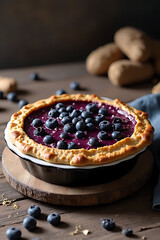 Rustic setting with freshly baked blueberry pie in a ceramic dish on an aged wooden surface, side lighting highlighting the textures, minimal props for focus
