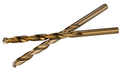 Two Drills bit golden color isolated on a transparent background. Completely in focus. Full depth of field. PNG.