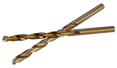 Two Drills bit golden color isolated on a transparent background. Completely in focus. Full depth of field. PNG.