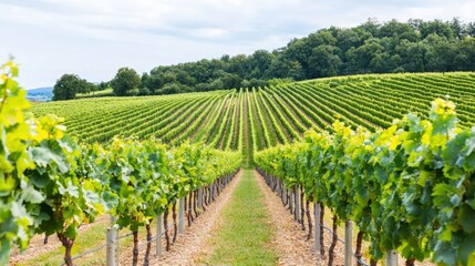 A serene vineyard with rows of grapevines,