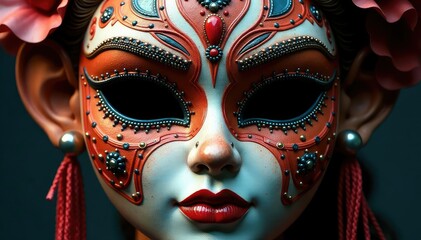 Fototapeta premium Symmetrical lines on a painted mask, intricate details, abstract, artistic, macro