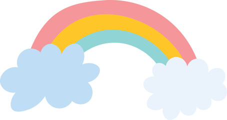 Simple colorful cute rainbow. Rainbow with two blue clouds isolated on white background, vector illustration.