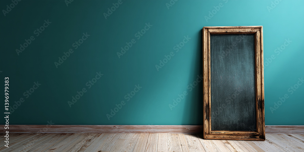 Poster blank chalkboard in rustic wooden frame against teal wall, showcasing ample free space for text or a
