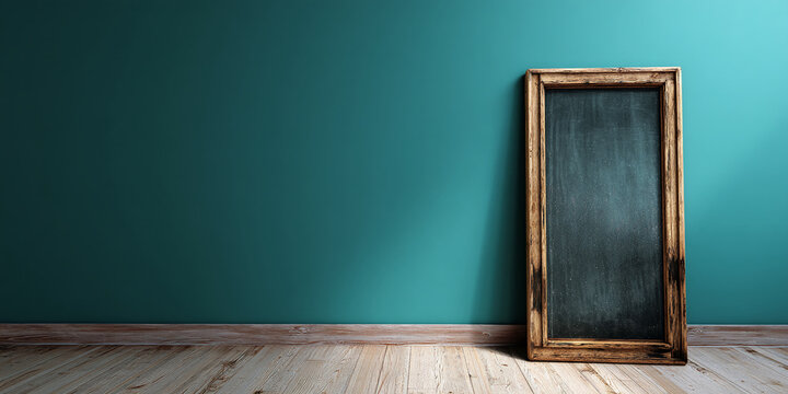 Blank chalkboard in rustic wooden frame against teal wall, showcasing ample free space for text or advertisement, ideal for mockup and design projects