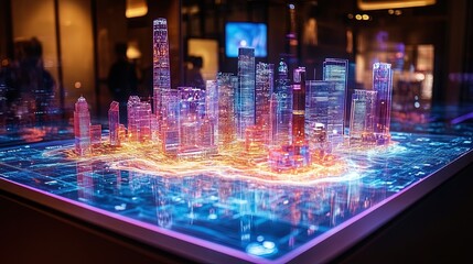 Fototapeta premium A holographic display showing a 3D digital map with real-time data visualization and touch-based navigation