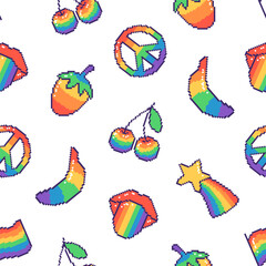 Seamless pattern with pride symbols on white background. Hand drawn vector illustration for wrapping paper, textile, fabric.