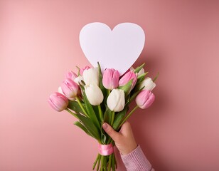 Fototapeta premium Mother's day concept. Hand holding bouquet of pink roses and white tulips and white greeting card with pink heart on pale pink background and copy space. Generated image