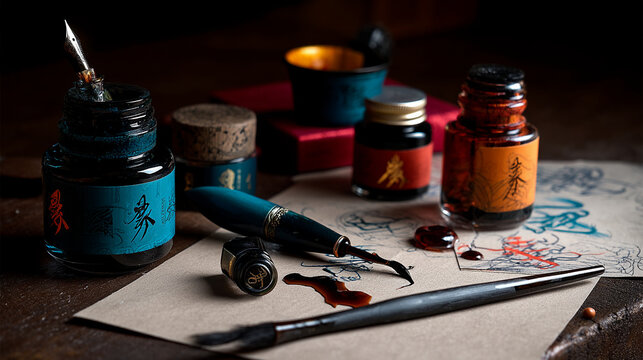 Elegant Calligraphy Set With Flowing Ink And Expert Photography Highlighting Timeless Artistic Traditions Inspire Creativity