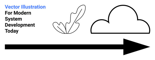 Black arrow directs forward with abstract cloud and leaf, representing growth, technology, and innovation. Ideal for sustainability, tech, nature, future thinking, system processes digital