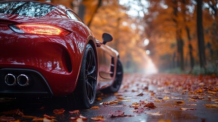 Red car on leaf-covered road, autumn background