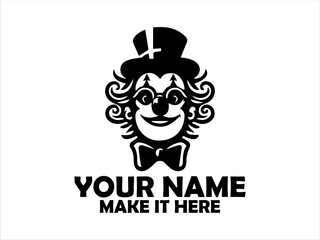 Whimsical clown character with vibrant makeup, a top hat adorned with stars, and a large red bow tie against a clean white backdrop. Illustration concept, circus clown vector design circus clown logo