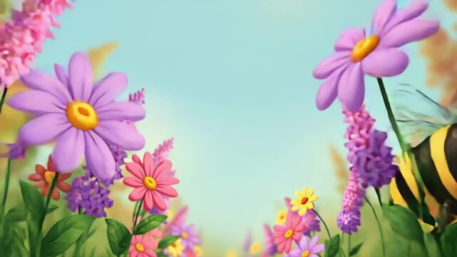 Playful bee wearing sunglasses buzzes through colorful flower garden